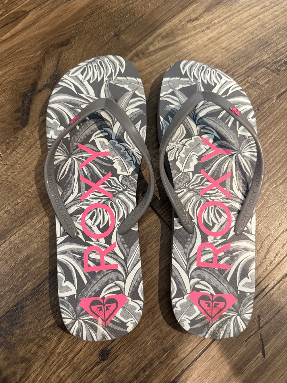 Roxy Gray Flip Flops with Pink Logo